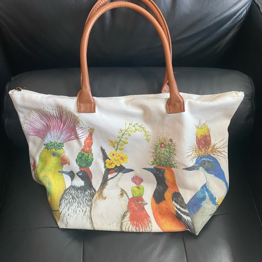 Vicki Sawyer canvas bird and flower tote bag with vegan leather straps